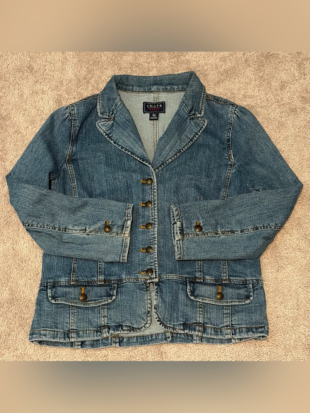 VTG Chaps Denim Women’s Jean Jacket Blue Fitted Stretch Button Front Size Large